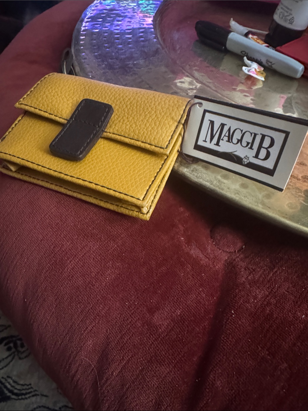 Yellow Leather Key  Card Holder With Brown Tab